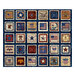 Blue fabric panel featuring a collection of square with vintage inspired patches, flags, stars, and other 1776 motifs.