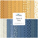 Collage of fabrics in the collection in daisy yellow, cream, and denim blue, with simple primitive inspired designs