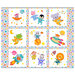 Fabric panel with 9 blocks featuring zoo animals in colorful space suits and rockets, on a light gray background with multicolor dots.