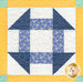 A head on close up on one of the churn dash blocks, showing print details on the blue, white, and yellow fabrics.