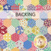Cheater style fabric swatch with a multicolored, hexagonal patchwork pattern; a transparent banner at the top reads "Backing."