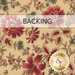 A swatch of warm beige fabric with a pattern of elegant red, cottage blue, and tonal beige florals. A transparent banner at the top reads "Backing."