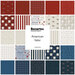 Collage of fabrics in the collection in bold red, off-white, and blue, with tonal, Americana prints