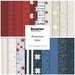Collage of fabrics in the collection in bold red, off-white, and blue, with tonal, Americana prints.