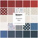 Collage of fabrics in the collection in bold red, off-white, and blue, with tonal, Americana prints