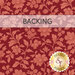 A swatch of tone on tone red fabric with light red vines and florals. A banner at the top reads "Backing" and a golden Shabby Fabrics logo sits in the bottom right corner.