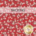 A swatch of red fabric tossed with white flowers and pink apples. A transparent banner at the top reads "Backing" and a gold Shabby Fabrics logo rests in the bottom right corner. 