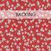 A swatch of red fabric tossed with white flowers and pink apples. A transparent banner at the top reads "Backing" 