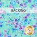 A bright aqua fabric swatch with blue and purple florals in an oil and ink style.  A transparent banner at the top reads "Backing" and a gold Shabby Fabrics logo sits in the bottom right hand corner. 