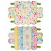 A top down shot of the unfolded bottom and the top of the Scalloped Basket, colored in rainbow watercolor floral fabrics from the Spring Cheer collection by Clothworks, isolated on a white background.