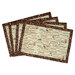 A shot of the four completed overlapping placemats made with coffee-themed taupe fabric with printed text and coffee bean fabric borders, isolated on a white background.