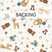 A white pattern featuring various cute animal illustrations, baby footprints, and stars. A banner at the top reads "Backing".