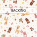 A white and pink pattern featuring various cute animal illustrations, baby footprints, and stars. A banner at the top reads "Backing".
