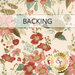 Cream fabric with a tossed pattern of vintage florals in pink and scarlet. Across the top there is a banner that reads "Backing" and a Shabby Fabrics logo in the bottom right corner.