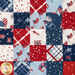 A top down shot of the hot pad, showing patchwork details on the patriotic fabrics.