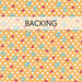 An orange fabric featuring a calico floral print in teal and red, with a banner on the top saying "Backing".
