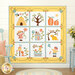 The completed Home in the Middle block of the month quilt colored in pastel fabrics from the Lucky collection by Moda. This nine block quilt features stylized images of children, plants, animals, and a house, bordered by a lovely ribbon appliqué border and hung on a white paneled wall with coordinating décor. 