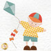 A close up shot of a quilt block featuring a boy flying a kite. 