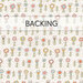 A white fabric swatch with scattered hand-drawn flowers and polka dots, a banner at the top reads "Backing".