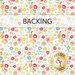 A swatch of white fabric with tossed pink, orange, yellow, and teal flowers. A banner at the top reads "Backing" and a golden Shabby Fabrics logo sits in the bottom right corner.