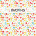 A swatch of white fabric with tossed pink, orange, yellow, and teal flowers. A banner at the top reads "Backing".