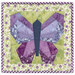 The completed April project depicting a butterfly in purple, periwinkle, green, and cream fabrics, isolated on a white background.