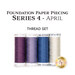 Four purple, blue, and white spools of thread included in the Foundation Paper Piecing Series 4 - April Thread Set, isolated on a white background below a text graphic.