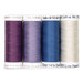 Four purple, blue, and white spools of thread included in the Foundation Paper Piecing Series 4 - April Thread Set, isolated on a white background.