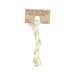 A skein of variegated pale celery and white embroidery floss, twisted and bundled, with a tan label featuring the brand name and color information.