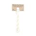 A skein of off white embroidery floss, twisted and bundled, with a tan label featuring the brand name and color information.