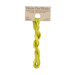 A skein of spring green and yellow embroidery floss, twisted and bundled, with a tan label featuring the brand name and color information.