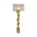 A skein of light green embroidery floss, twisted and bundled, with a tan label featuring the brand name and color information.