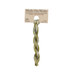 A skein of variegated olive green and gray embroidery floss, twisted and bundled, with a tan label featuring the brand name and color information.