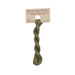 A skein of dark olive green embroidery floss, twisted and bundled, with a tan label featuring the brand name and color information.