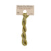 A skein of yellow green embroidery floss, twisted and bundled, with a tan label featuring the brand name and color information.