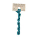 A skein of turquoise embroidery floss, twisted and bundled, with a tan label featuring the brand name and color information.?