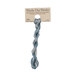  A skein of variegated blue and gray embroidery floss, twisted and bundled, with a tan label featuring the brand name and color information.?