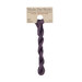 A skein of variegated plum purple embroidery floss, twisted and bundled, with a tan label featuring the brand name and color information.