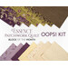 Essence Patchwork Quilt Oops! Kit featuring colorful fabric swatches in purples, greens, and creams.