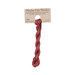 A skein of spice red embroidery floss, twisted and bundled, with a tan label featuring the brand name and color information.