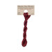 A skein of dark red embroidery floss, twisted and bundled, with a tan label featuring the brand name and color information.