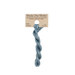 A skein of variegated blue gray embroidery floss, twisted and bundled, with a tan label featuring the brand name and color information.