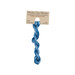 A skein of variegated blue embroidery floss, twisted and bundled, with a tan label featuring the brand name and color information.