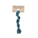 A skein of variegated blue and viridian embroidery floss, twisted and bundled, with a tan label featuring the brand name and color information.