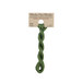 A skein of dark green embroidery floss, twisted and bundled, with a tan label featuring the brand name and color information.