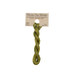 A skein of moss green embroidery floss, twisted and bundled, with a tan label featuring the brand name and color information.