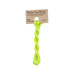 A skein of lime green embroidery floss, twisted and bundled, with a tan label featuring the brand name and color information.