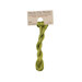 A skein of olive green embroidery floss, twisted and bundled, with a tan label featuring the brand name and color information.