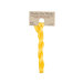 A skein of bright yellow embroidery floss, twisted and bundled, with a tan label featuring the brand name and color information.