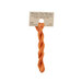 A skein of red orange embroidery floss, twisted and bundled, with a tan label featuring the brand name and color information.